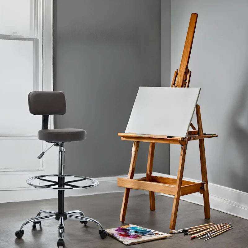 Height Adjustable Drafting Stool - With Premium Leather, Rolling Wheels