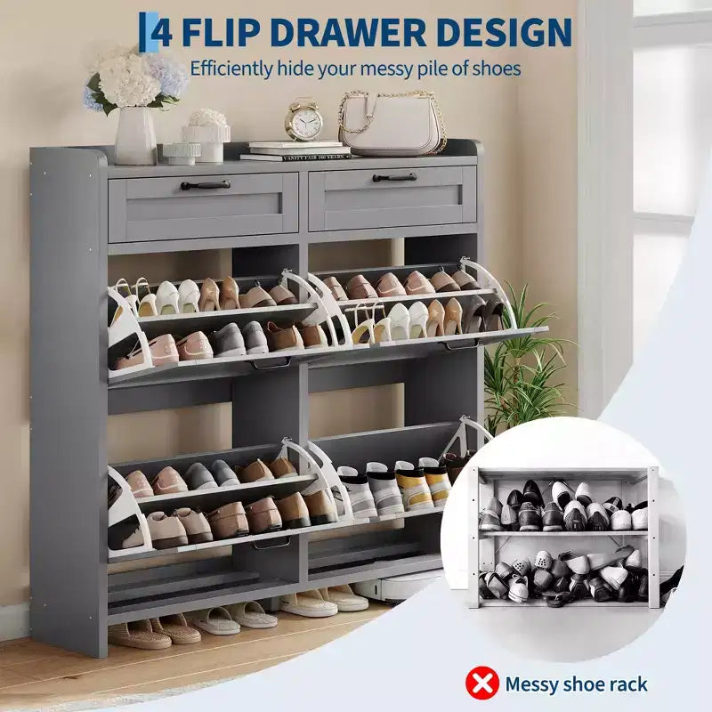 Shoe Cabinet with 4 Flip Drawers & 2 Top Drawers, Wooden Shoe Organizer Cabinet with Adjustable Shelf, Freestanding Shoe Storage Cabinets