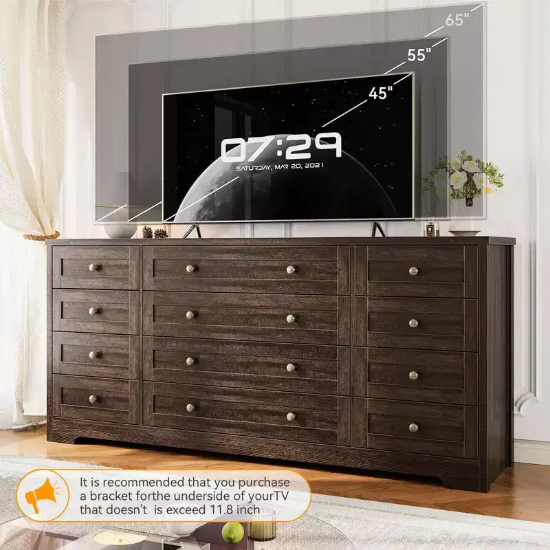 12 Drawers Dresser for Bedroom Wooden, Modern Wide TV Stand Dressers for 65 Inch TV, Wood Chest of Drawers, Farmhouse Clothes Storage for Living Room