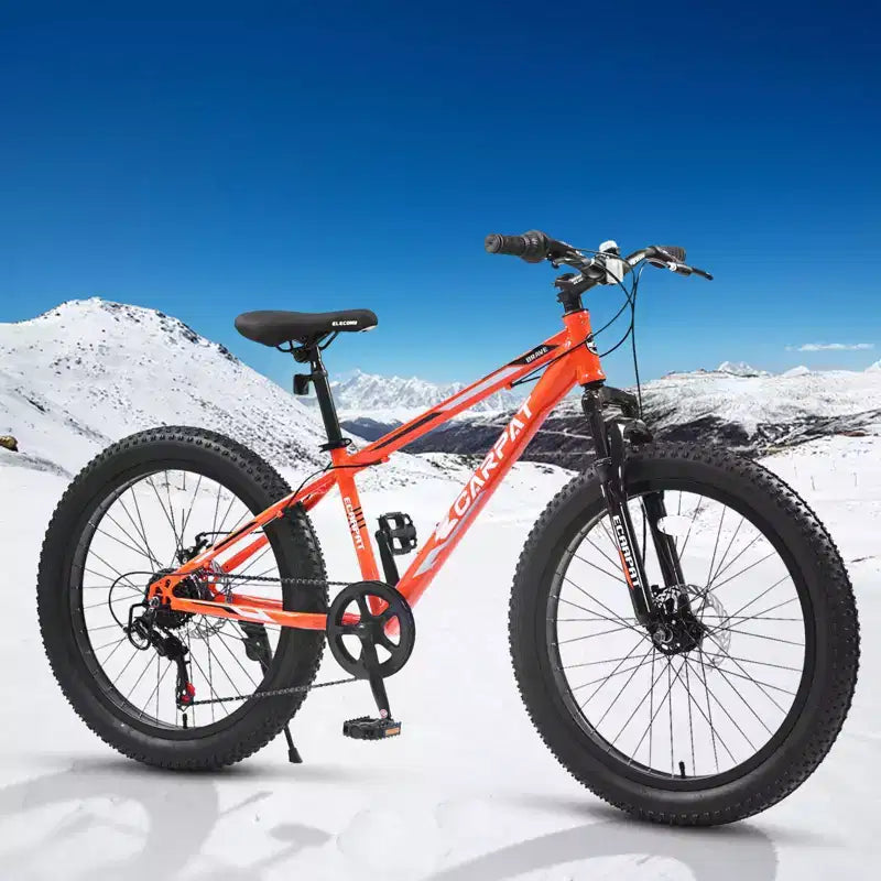 Okak 24IN Fat Tire Bike with Front Suspension, 7-Speed Mountain Bike with Disc Brake and High-Carbon Steel Frame, Trail Bike for Commuting