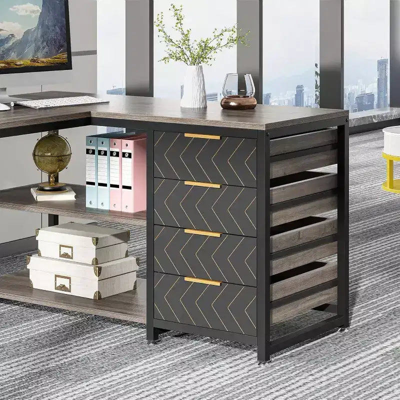 59 Reversible L-Shaped Corner Desk with Storage Drawers, Gray