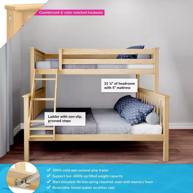 Max & Lily Bunk Bed Twin over Full Size, Solid Wood Bunk Beds with Ladder for Kids