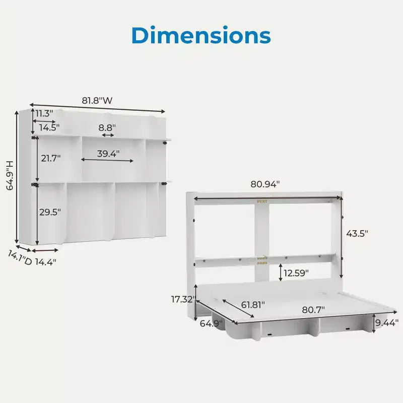 Lit escamotable 2-en-1 invisible Murphy avec étagères de rangement, Grand lit (Queen), Bois naturel (Matelas non inclus)