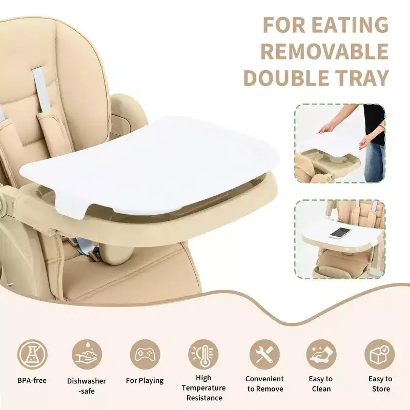 Foldable High Chair for Babies&Toddlers,PU Leather Highchair with Adjustable Backrest,Seat Height,Removable Tray,5-Point Safety Harness&Locking Wheels