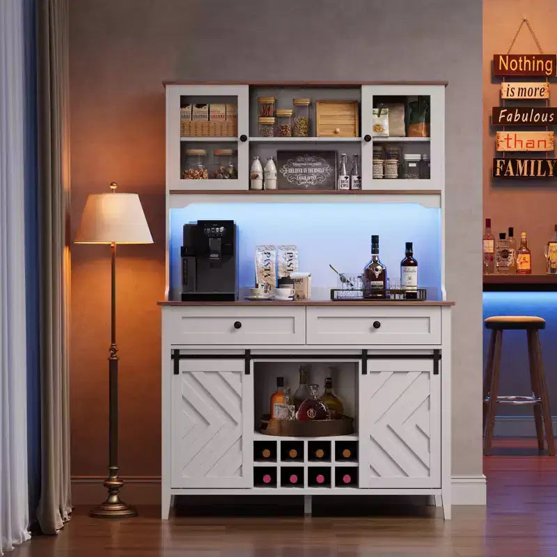 72 Farmhouse Bar Cabinet with Sliding Barn Door  Large Kitchen Buffet with Hutch, Charging Station, 2 Drawers & 8 Storage Shelves  Coffee