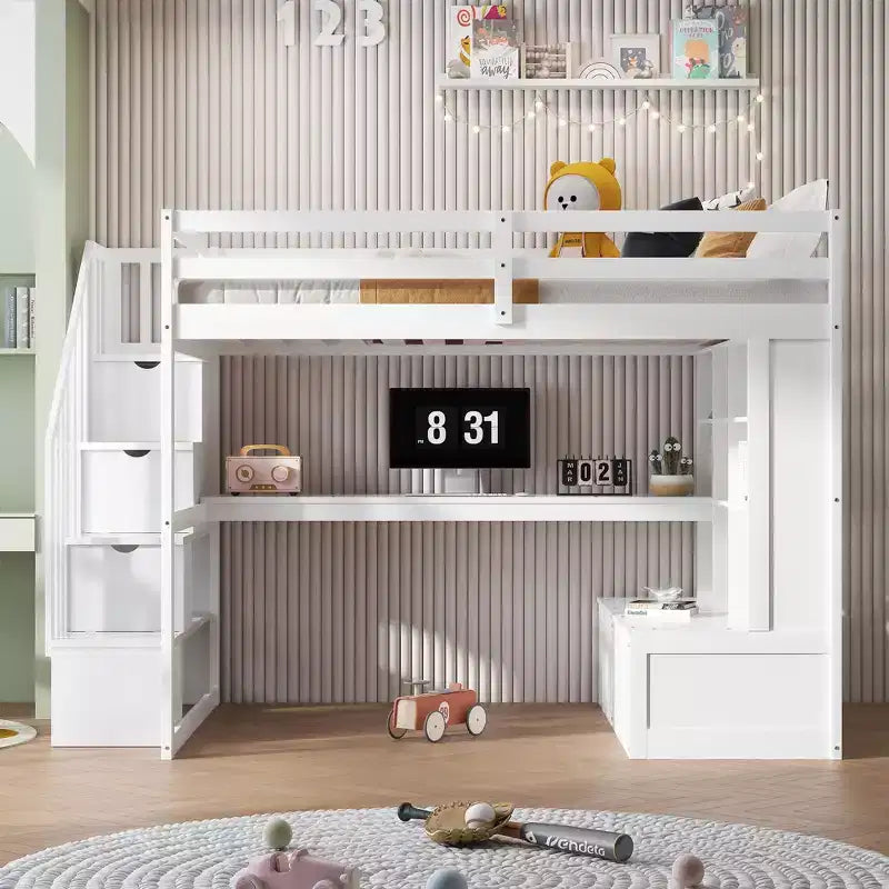 Full Size Loft Bed with Stairs and Desk, Wood Loft Beds Frame with Storage Drawers and Bookcase Shelves for Adults Teens Kids