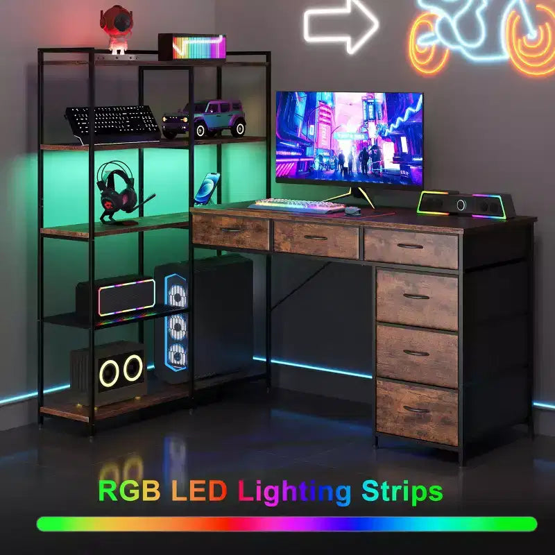 47 L-Shaped Computer Desk with 6 Drawers & 5-Tier Shelves, Reversible Corner Gaming Desk with LED Lights & Power Outlets