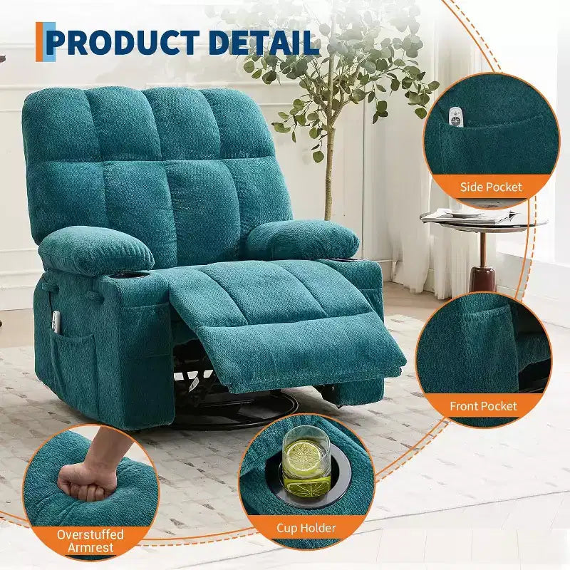 Oversized Recliner Chair for Adults, Manual Swivel Rocker Sofa, Side Pockets & Cup Holders for Big and Tall Persons, Living Room