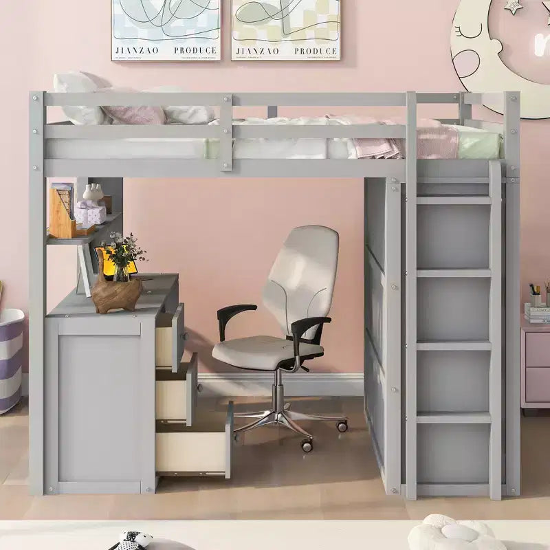 CLIHOME Full size Loft Bed with 3 Storage Drawers, Desk and Wardrobe