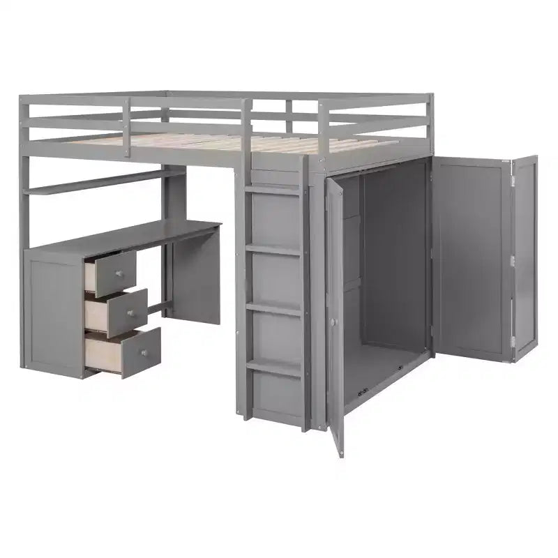 CLIHOME Full size Loft Bed with 3 Storage Drawers, Desk and Wardrobe