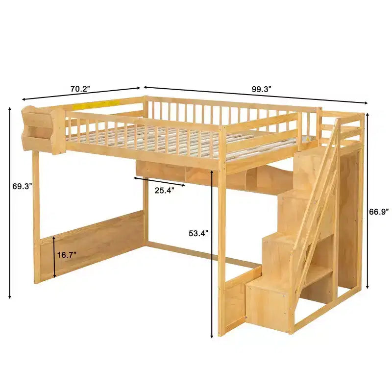 Queen Loft Bed Frame with Staircase, Wardrobe & Storage Shelves - MDF, 650 lb