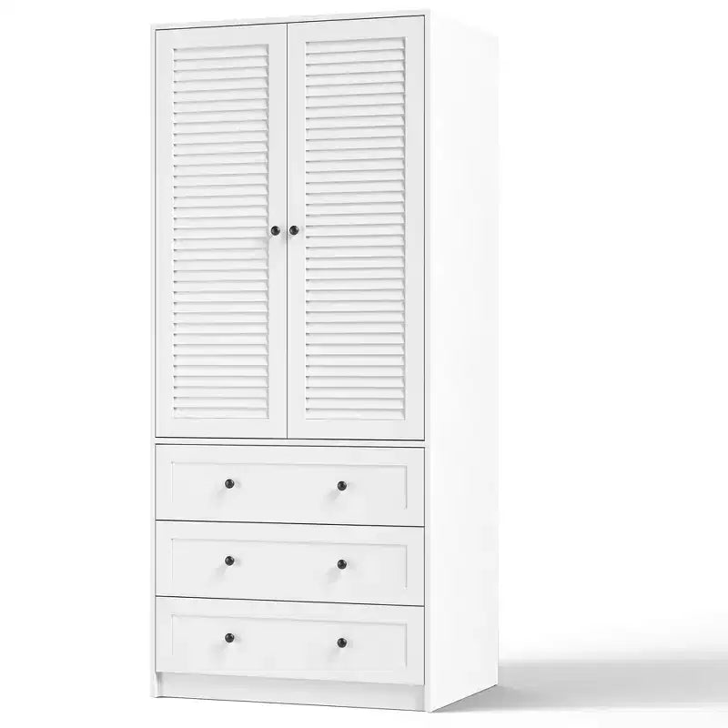 COZONY Armoire Wardrobe with 3 Drawers & 2 Doors, Modern Wooden Closet Cabinet for Bedroom, Heavy Duty White Standing Armoire