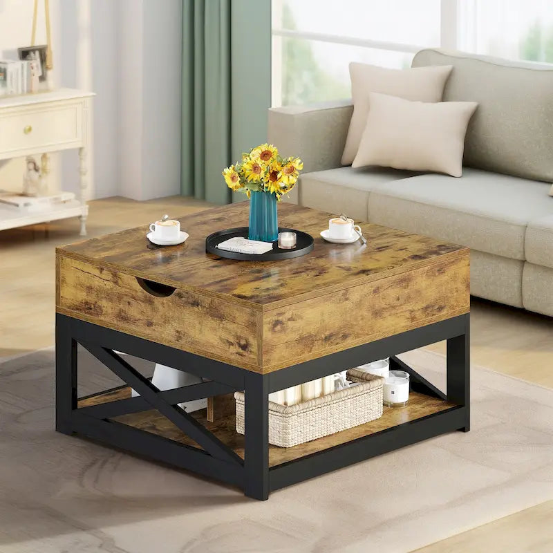 Moasis Farmhouse Square Lift Top Coffee Table with Storage Shelf for Living Room