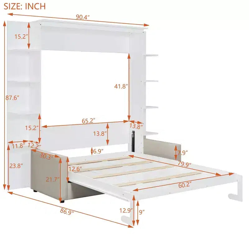 Queen Murphy Bed Wall Bed with Sofa, Queen Size Cabinet Bed Folding Wall Bed with Bookshelf and Shelves for Guest Room Office