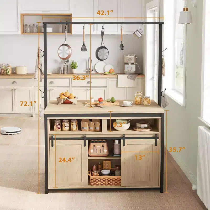 Îlot de cuisine, étagère de boulanger avec porte coulissante de style grange, îlot de cuisine large de 42 po avec support à micro-ondes à 3 niveaux, étagères pour four et table de bar à café