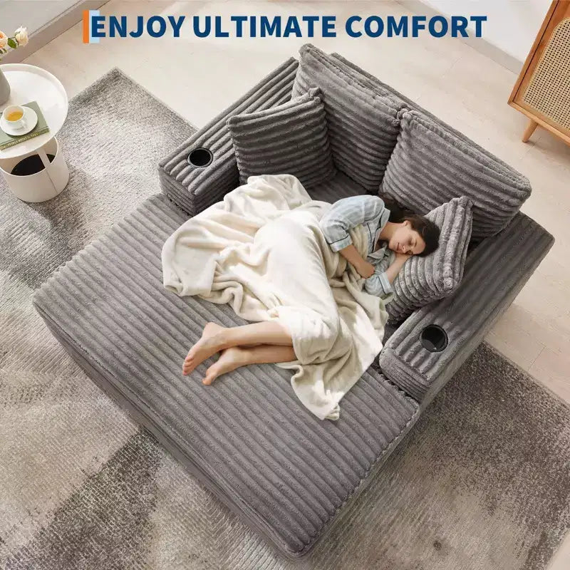 Corduroy 3-Seat Lounge Sofa with Cup Holders & Charging Ports