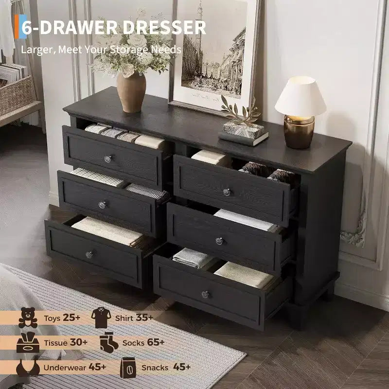 Dresser for Bedroom, 6 Drawer Wide Dresser Storage Organizer, Modern Wooden Chest of Drawers with Metal Handles for Hallway, Entryway, Home Office