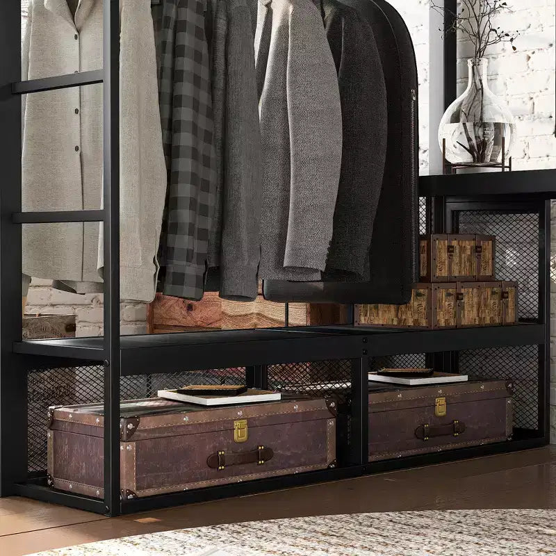 Bellemave Queen Metal Loft Bed with Desk, Storage Shelves & Hanging Rod, Space-Saving Loft Bed Frame with Guardrails & Ladder, No Box Spring, Black