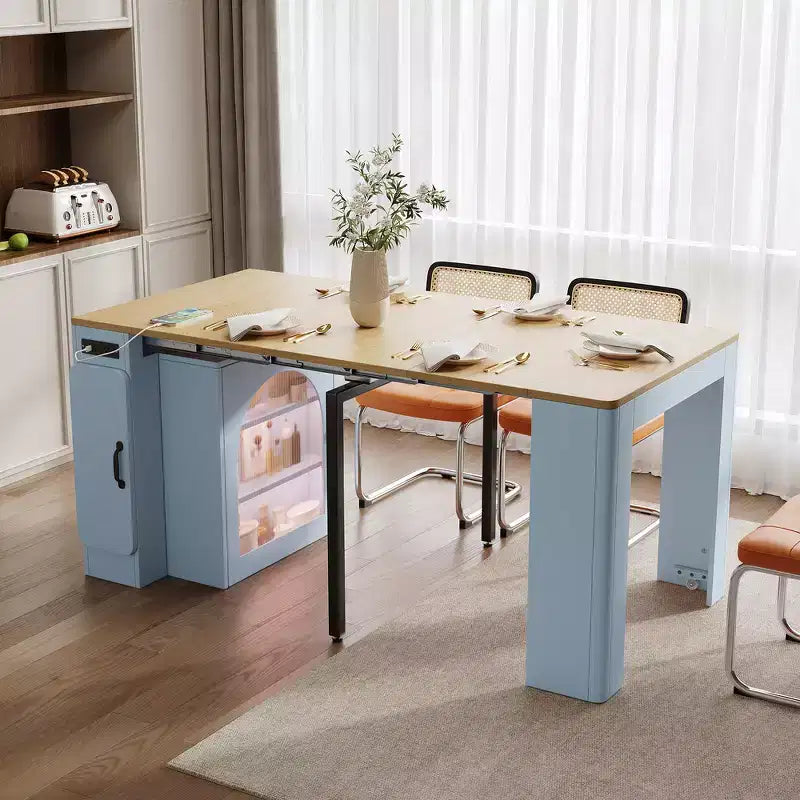 Whisen Extendable Dining Table, Mobile Rolling Island Table with 3 Removable Middle Leaves, Storage Cabinet