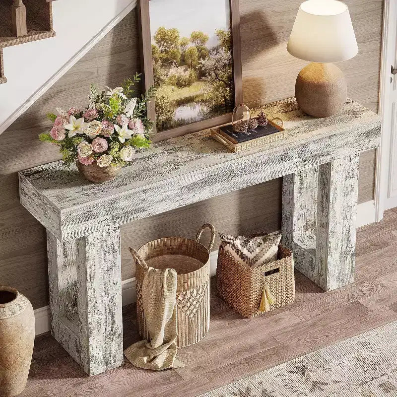 63 Farmhouse Console Table, Rectangular Wooden Accent Table in Distressed White for Entrance, Hallway & Living Room.