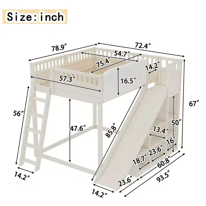 Bellemave Loft Bed with Upholstered Headboard and Storage Shelves,Solid Wood Loft Bed Frame with Ladder and Slide for Kids