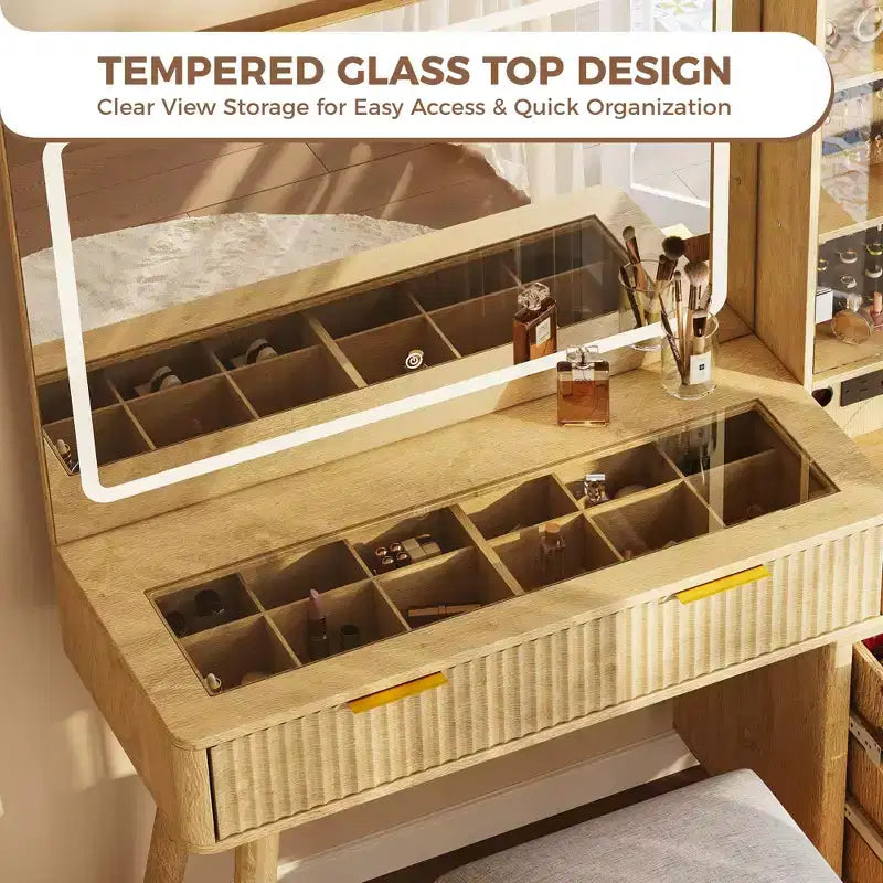 Coiffeuse cannelée de 122 cm avec miroir et lumières LED, station de charge, tabouret de rangement rembourré pour chambre à coucher