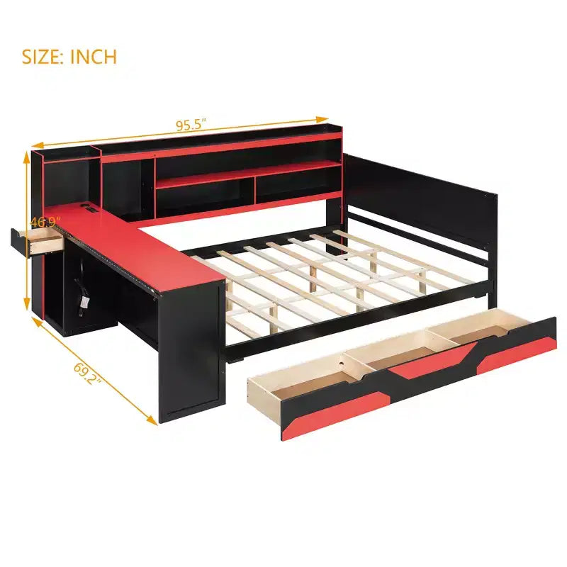 Gamer Hub Daybed with Desk, RGB Lights, Charging Station, Storage Drawers & Bookcase Headboard