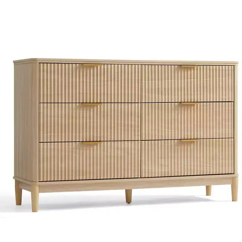 LINSY HOME Fluted 6 Drawer Dresser for Bedroom, Mid Century Modern Large Chest of Drawers with Gold Metal Handles, Wide Boho Wood Dressers