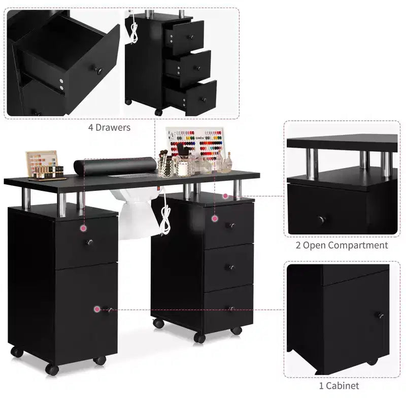 42.5 in. White MDF 3-Drawer Manicure Table Nail Desk with Storage, Doors, Electric Dust Collector