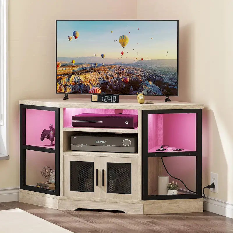 Farmhouse Corner TV Stand Entertainment Center Media Console for TVs up to 55 with Power Outlet