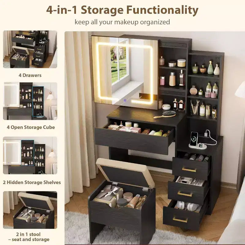 DobleePy Modern Vanity Desk with Sliding Mirror & LED Lights, 4 Drawers, 7 Shelves, Charging Station & Stool, Makeup Dressing Table for Bedroom