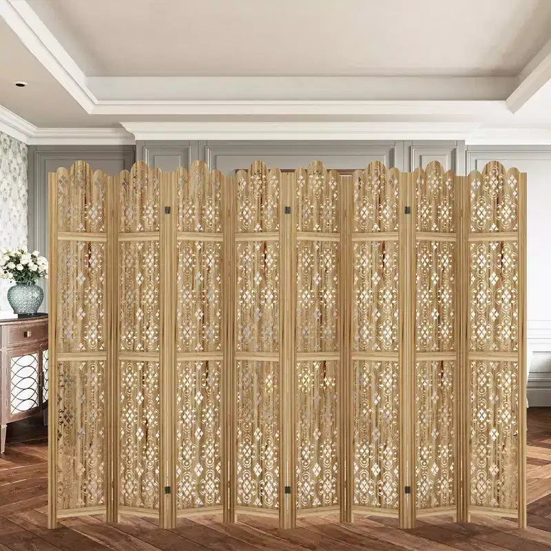 Carved Room Divider Folding Screen Room Divider with Copper Coin Pattern for Home Office Garden Terrace Paulownia Wood