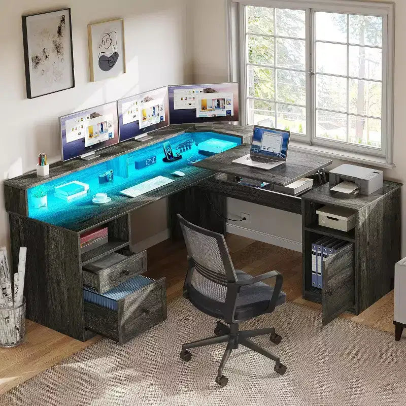 Balconera L Shaped Desk with Drawers 60inch Corner Computer Desk with Power Outlets & Lift Top with Storage Cabinet & LED Lights Grey