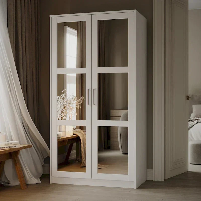 100% Solid Wood 2-Door Urban Wardrobe Armoire with Solid and Mirrored Doors