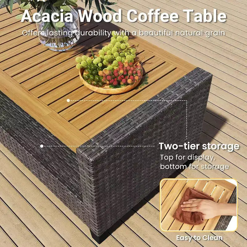 Heynemo 4-Piece Patio Furniture Set, All Weather Wicker Patio Conversation Seating Sets with 2-Tier Coffee Table, Outdoor Sofa Couch
