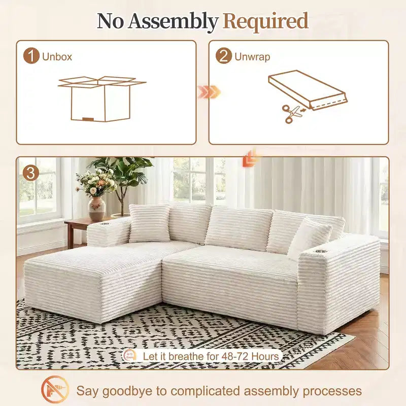 Celebalcony 103 Boneless Modular Sectional Sofa, L-Shaped Chaise with 2 Cup Holders, Plush Corduroy Cloud Couches for Living Room, No Assembly