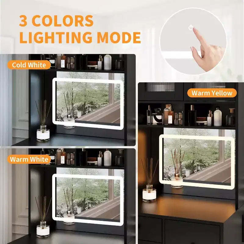 3-in-1 Makeup Vanity Desk with Lighted Mirror, Compact Vanity Table with Drawers, Storage Compartment & Rolling Stool for Bedroom