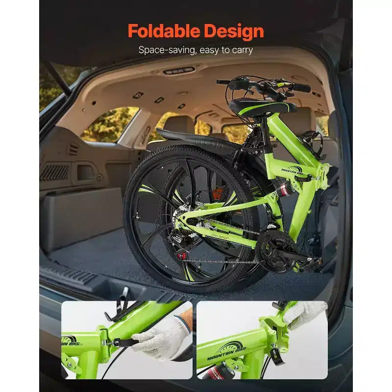 26 Folding Mountain Bike with Full Suspension, 21-Speed Drivetrain, Disc Brakes & High Carbon Steel Frame for Adult Men & Women