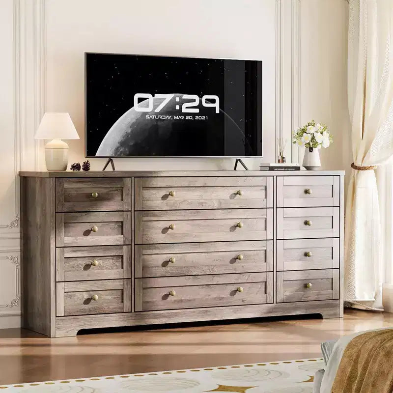12 Drawers Dresser for Bedroom Wooden, Modern Wide TV Stand Dressers for 65 Inch TV, Wood Chest of Drawers, Farmhouse Clothes Storage for Living Room