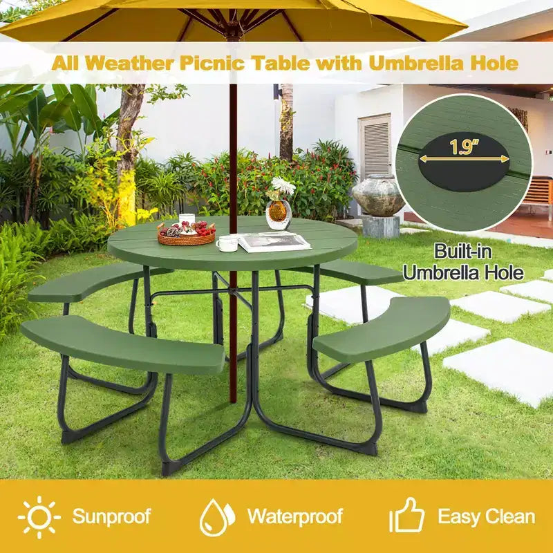 Costway Outdoor 8-person Round Picnic Table Bench Set with 4 Benches & Umbrella Hole Black/Grey/Green/White