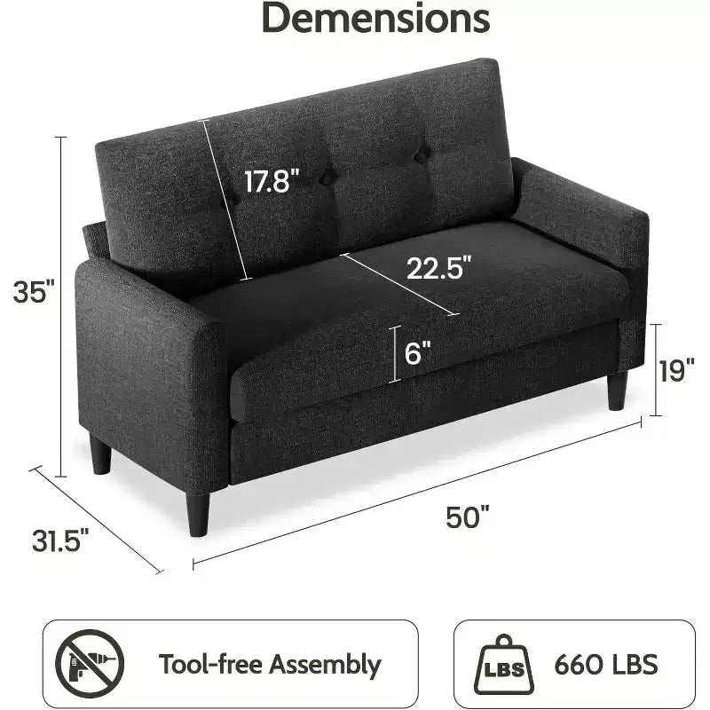 Dyonery 50 Loveseat Sofa, 2-Seater Love Seat for Office & Small Spaces, 24 Deep Seat, FSC Solid Wood Frame, Tool-Free Assembly