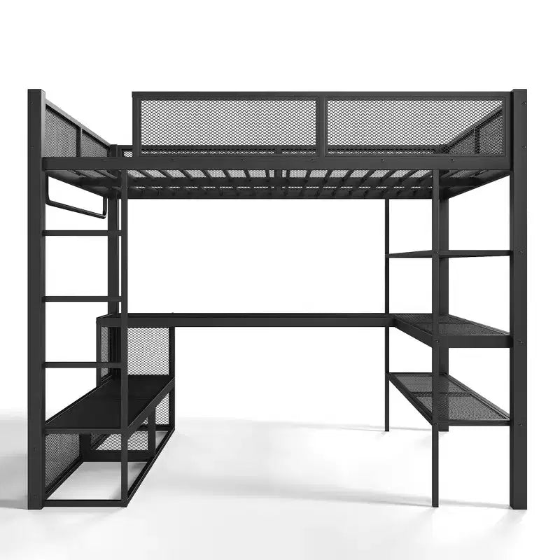 Bellemave Queen Metal Loft Bed with Desk, Storage Shelves & Hanging Rod, Space-Saving Loft Bed Frame with Guardrails & Ladder, No Box Spring, Black