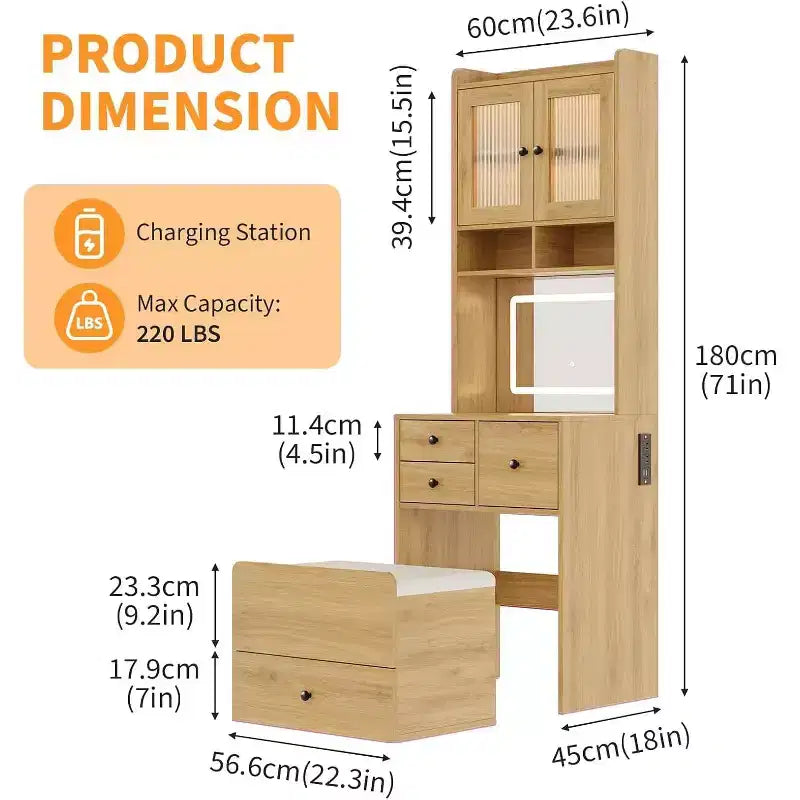 3-in-1 Makeup Vanity Desk with Lighted Mirror, Compact Vanity Table with Drawers, Storage Compartment & Rolling Stool for Bedroom