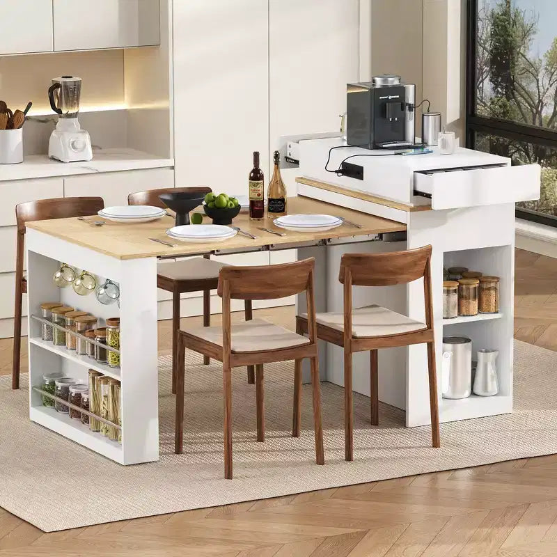 Whisen Extendable Dining Table, Mobile Rolling Island Table with 3 Removable Middle Leaves, Storage Cabinet