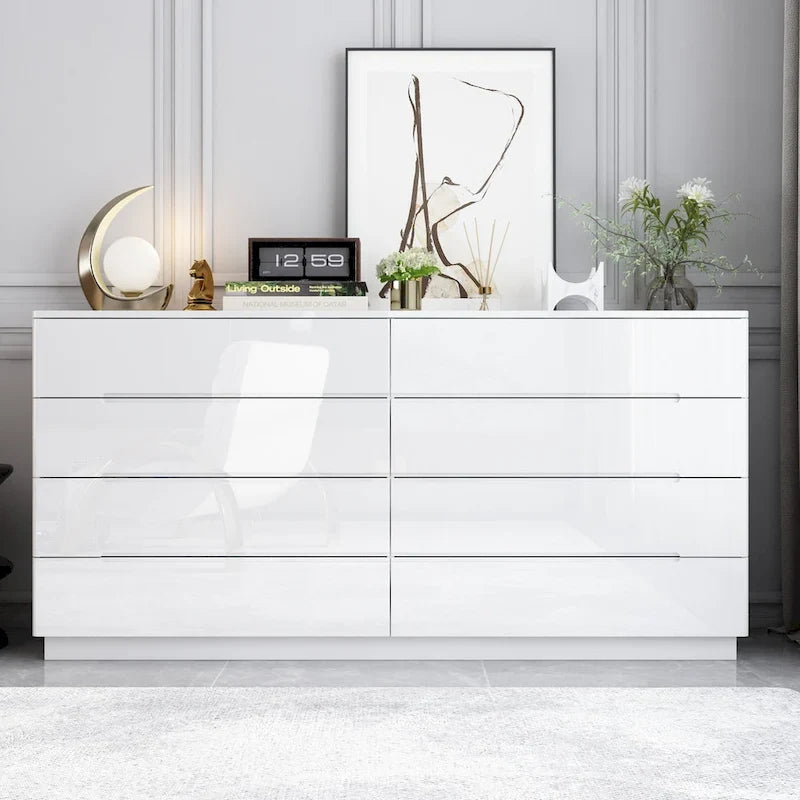 63 High Gloss Dresser With Light Chest w/8 Drawers&Spacious Tabletop