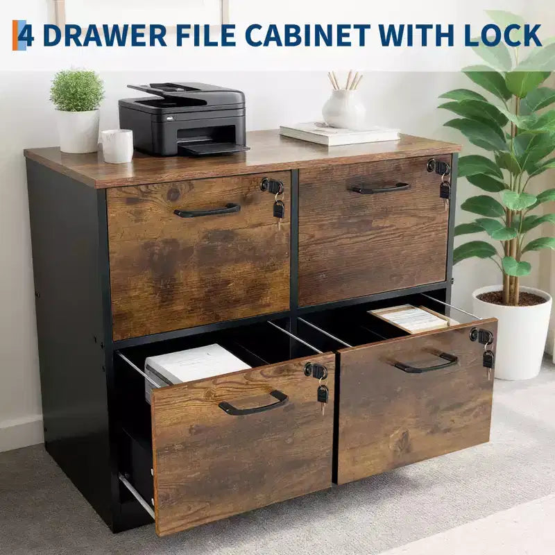 4 Drawer File Cabinet with Lock, Printer Stand, Wood Filing Cabinets for Home Office, Storage Organizer with Adjustable Hanging Rail