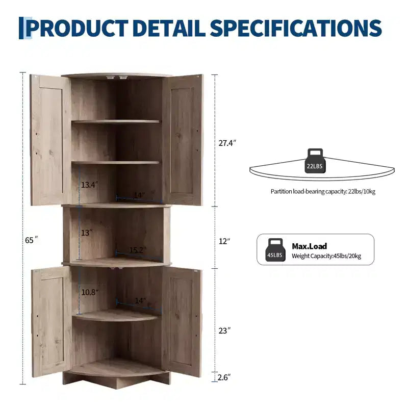 64.8 Tall Corner Cabinet with Doors, Brown Farmhouse Corner Storage Cabinet, Freestanding Corner Pantry Cabinet with Adjustable Shelves