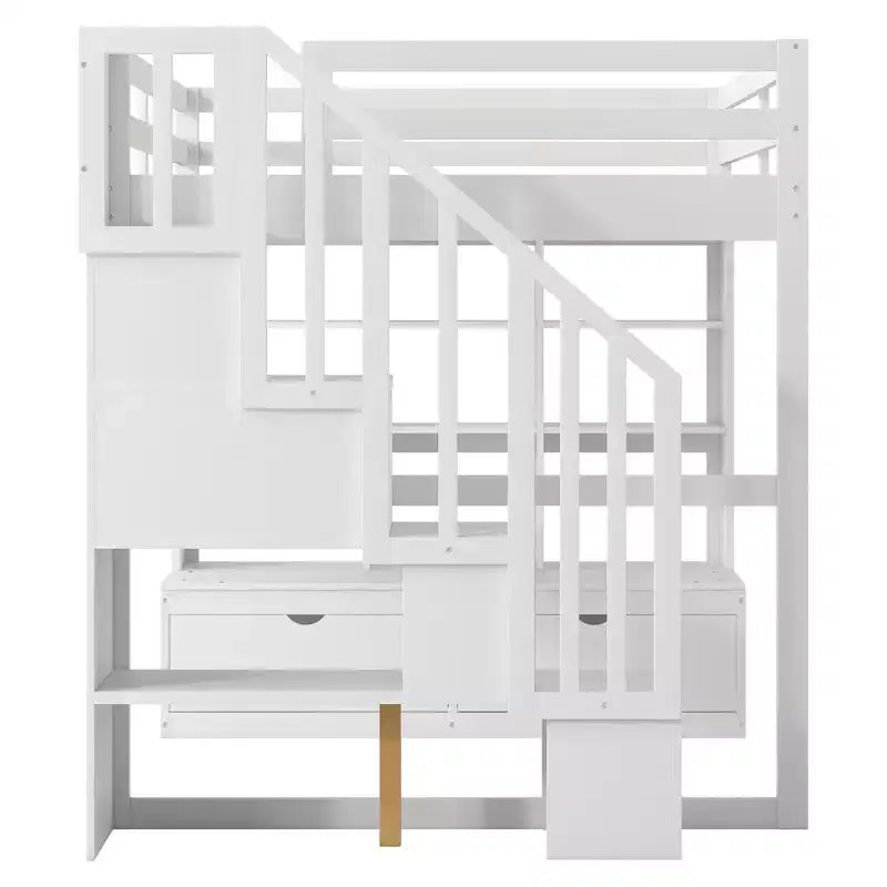 Full Size Loft Bed with Stairs and Desk, Wood Loft Beds Frame with Storage Drawers and Bookcase Shelves for Adults Teens Kids