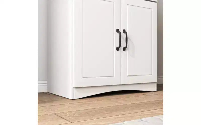 23 Wooden Kitchen Cabinet, Pantry Microwave Cabinet with Glass Doors and Drawers, Adjustable Shelves, White