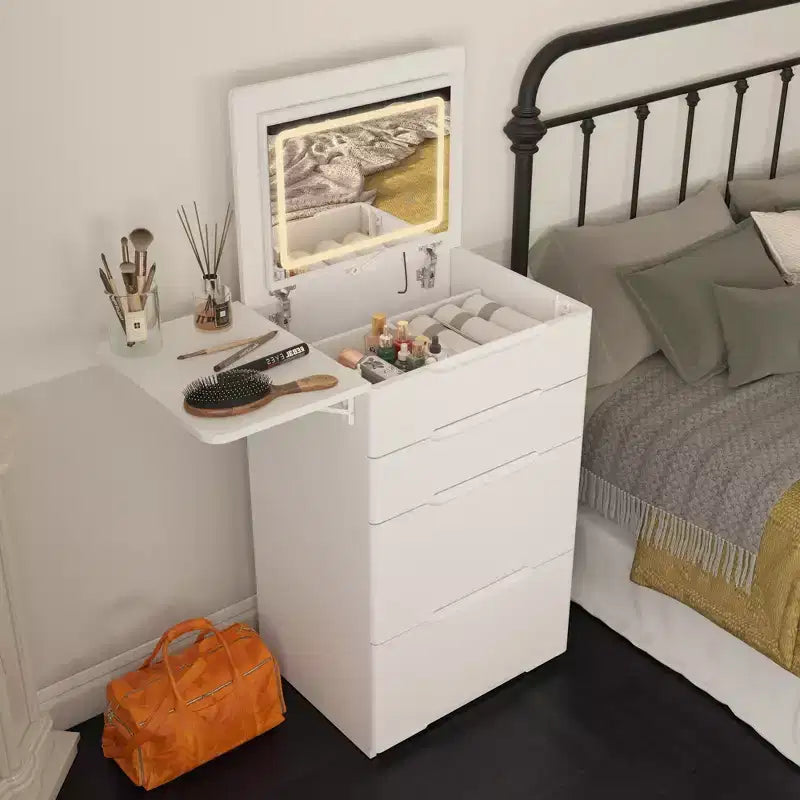 Famapy White Foldable Storage Vanity - Compact Makeup Table with Organization